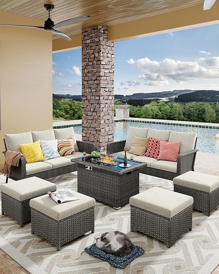 Yechen Patio Conversation Set 10 Seats with 44" Propane Gas Fire Pit Table - 7 Pcs Outdoor Wicker Furniture Set with Lid & Wind Shields - Sectional Sofa Set for Porch,Backyard - LeafyLoom