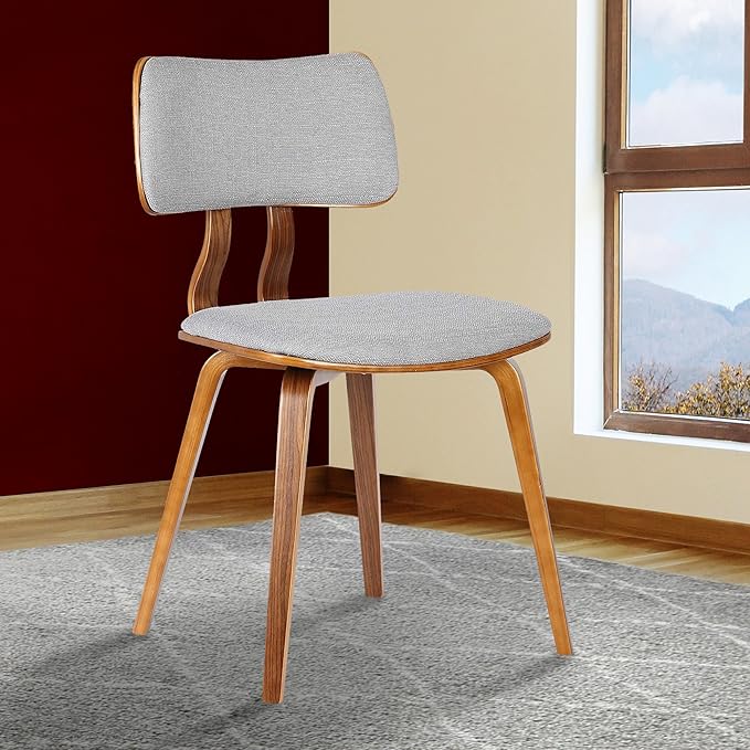 Armen Living Jaguar Mid Century Modern Dining Accent Chair for Kitchen Table Desk Vanity in Grey Fabric and Walnut Wood Finish - LeafyLoom