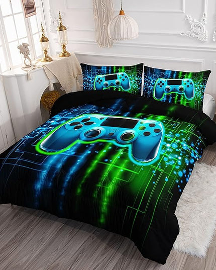 Datura home Video Gamer Comforter Set for Kids Teens Adults,Green Black Gamepad Modern Gamer Gaming Printed Bedding Set with 1 Comforter and 2 Pillowcases(Gamepad Green Twin) - LeafyLoom