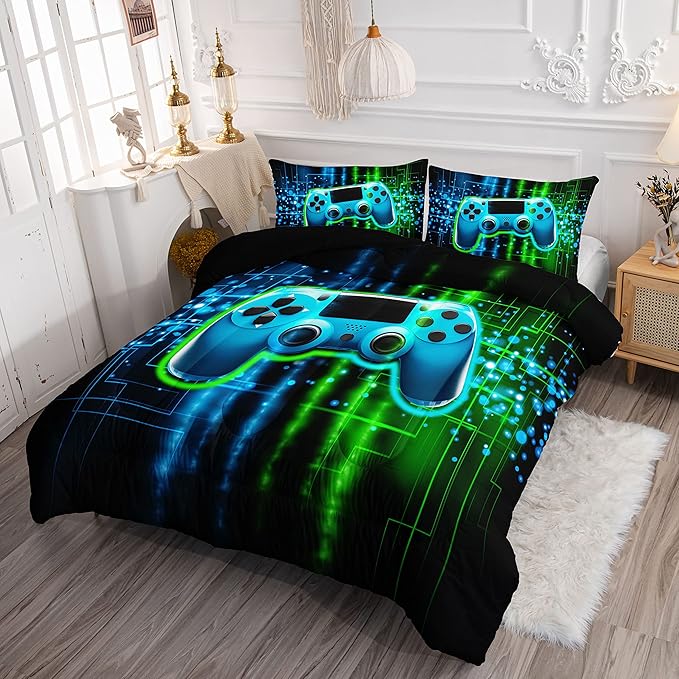 Datura home Video Gamer Comforter Set for Kids Teens Adults,Green Black Gamepad Modern Gamer Gaming Printed Bedding Set with 1 Comforter and 2 Pillowcases(Gamepad Green Twin) - LeafyLoom
