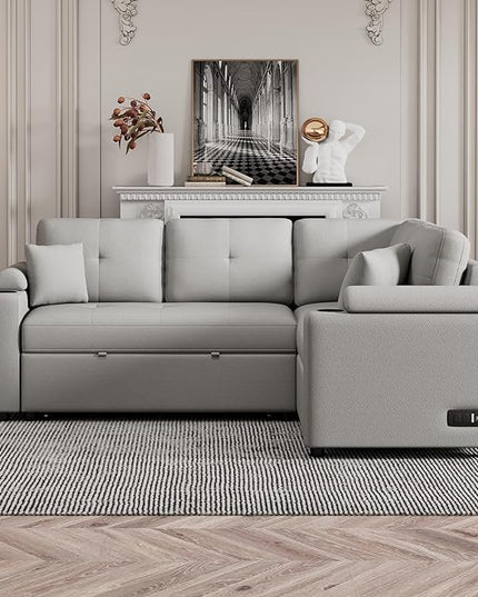 Boucle Upholstered Reversible Sleeper Sectional Sofa with Pull Out Bed , 3 Seater L Shaped Convertible Corner Couch with Cupholders&USB Ports, Power Sockets, Small Pullout Sofabed for Living Room - LeafyLoom