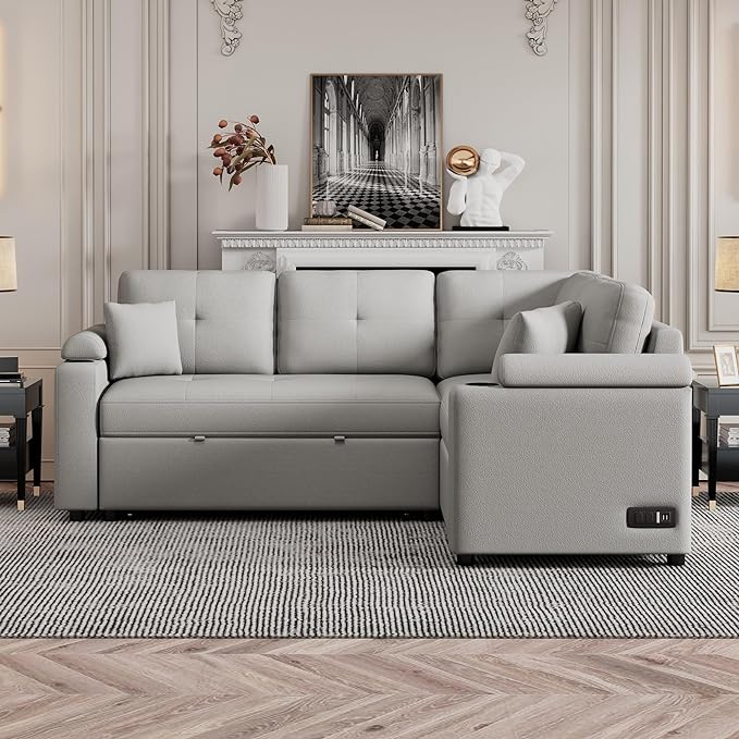 Boucle Upholstered Reversible Sleeper Sectional Sofa with Pull Out Bed , 3 Seater L Shaped Convertible Corner Couch with Cupholders&USB Ports, Power Sockets, Small Pullout Sofabed for Living Room - LeafyLoom