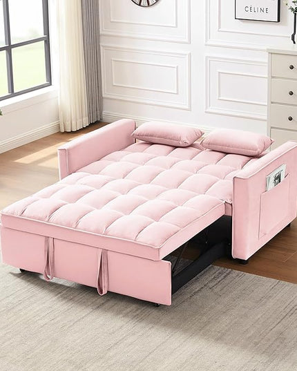 55" 3 in 1 Convertible Loveseat Futon Sofa Couch of Mordern Velvet w/Pullout Bed, Small Love Seat Lounge Sleeper w/Reclining Backrest, Toss Pillows, Pockets, Furniture for Living Room Bed - LeafyLoom