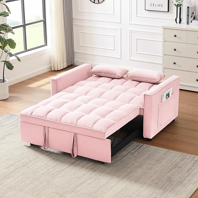 55" 3 in 1 Convertible Loveseat Futon Sofa Couch of Mordern Velvet w/Pullout Bed, Small Love Seat Lounge Sleeper w/Reclining Backrest, Toss Pillows, Pockets, Furniture for Living Room Bed - LeafyLoom