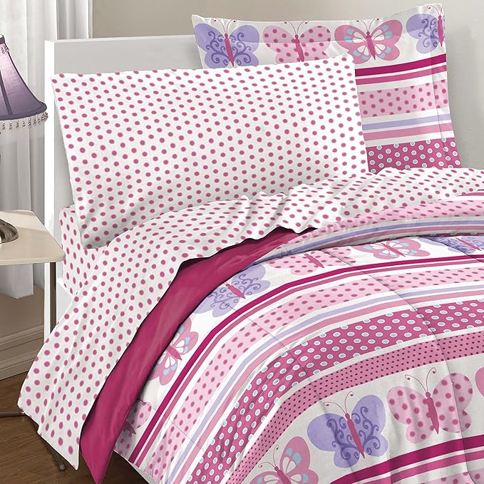 Dream Factory Butterfly Dots Ultra Soft Microfiber Girls Comforter Set, Pink, Full - LeafyLoom