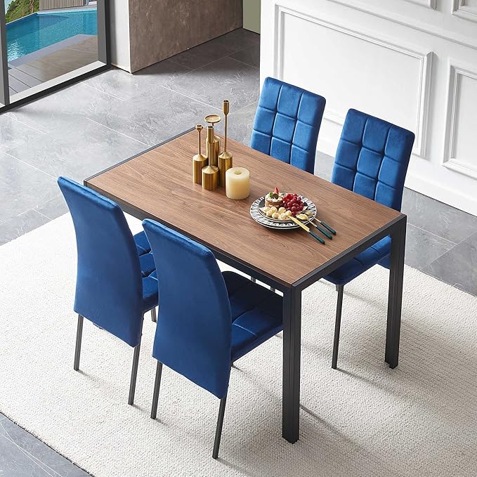 NicBex Dining Table Set for 4 Kitchen Table Set 5-Piece Dining Set Including Velvet High Back Nordic Dining Chair & Creative Design MDF Dining Table for Kitchen, Dining Room, Blue - LeafyLoom