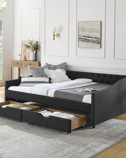 Queen Size Daybed with Two Storage Drawers, Linen Upholstered Tufted Sofa Bed w/Button on Back and Copper Nail on Waved Shape Arms, for Bedroom Living Room, No Box Spring Needed, Black - LeafyLoom