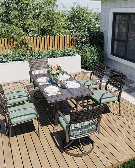 Pamapic 7 Piece Outdoor Dining Set, Rattan Outdoor Patio Furniture Set for Backyard with Iron Outdoor Dining Table, 4 Swivel Deck Chairs, 2 Wicker Chairs and Removable Cushions (Green) - LeafyLoom