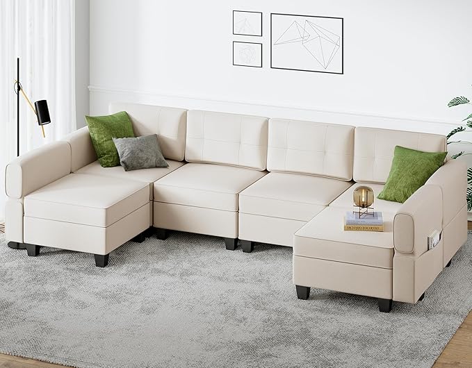 113'' Modular Sectional Sofa, Convertible Sectional Couches for Living Room U Shaped Sectional Sofa Couch with Storage Ottoman, High Supportive 6 Seats Reversible Sectionals with Chaise, Beige - LeafyLoom