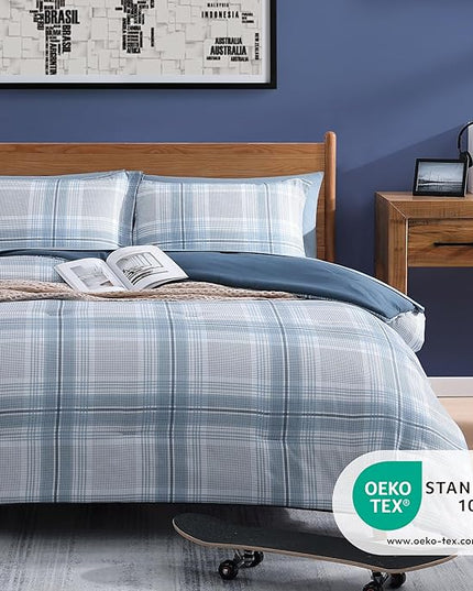 Blue King Size Comforter, Dorm Plaid Light Blue King Bedding Set Homestead-style King Size Bed Set for Bedroom (Light Blue,King,102"*90") - LeafyLoom
