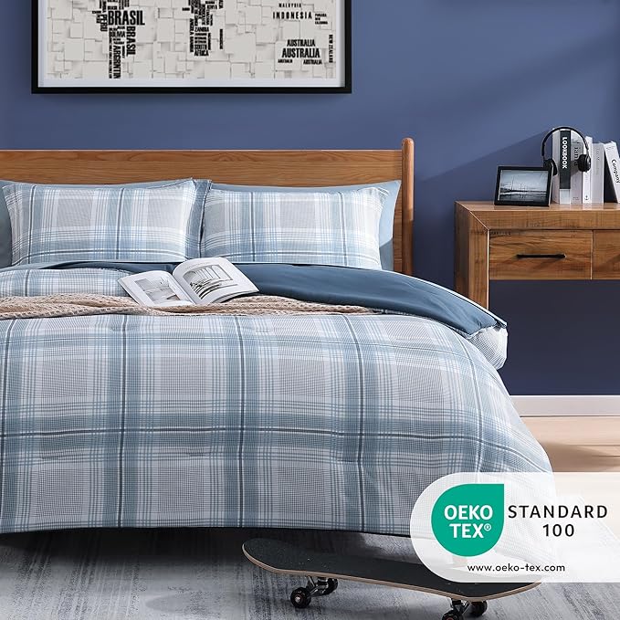 Blue King Size Comforter, Dorm Plaid Light Blue King Bedding Set Homestead-style King Size Bed Set for Bedroom (Light Blue,King,102"*90") - LeafyLoom