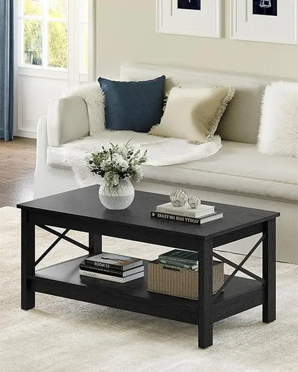 YITAHOME Coffee Table for Living Room,Modern Farmhouse Coffee Table with Storage,2-Tier Center Table for Living Room Wood Living Room Table Accent Cocktail with Sturdy Frame,Black - LeafyLoom