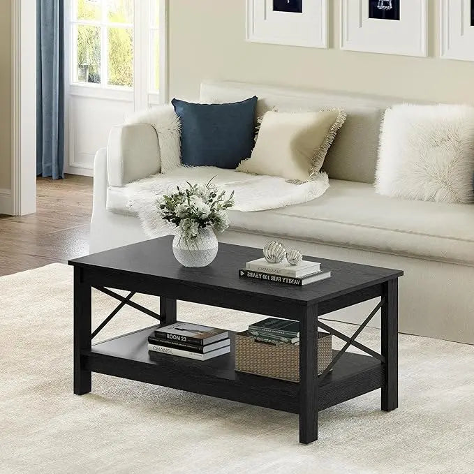 YITAHOME Coffee Table for Living Room,Modern Farmhouse Coffee Table with Storage,2-Tier Center Table for Living Room Wood Living Room Table Accent Cocktail with Sturdy Frame,Black - LeafyLoom