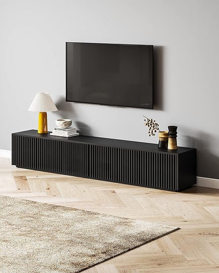 POVISON Modern Solid Wood TV Stand, Black Entertainment Center for 75+ inch TV, 95'' Media Console with Storage for Living Room Bedroom, Farmhouse Low TV Cabinet, Partial Assembly Required - LeafyLoom