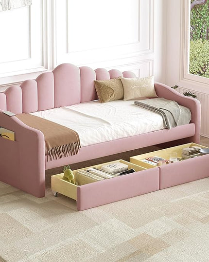 Twin Size Upholstered Daybed with 2 Drawers and Striped Headboard, Solid Wood Velvet Bed with USB Charging Ports, Space-Saving Design, No Box Spring Needed, for Living Room, Bedroom, Dorm, Pink - LeafyLoom