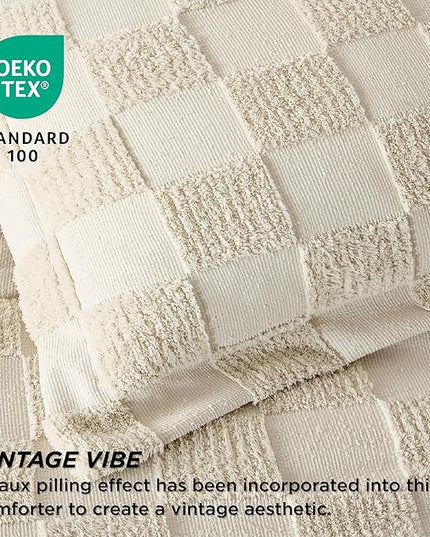 Bedsure Twin/Twin XL Comforter Set Beige, Boho Tufted Bedding Comforter Set, Checkered Farmhouse Shabby Chic Bed Set, 2 Pieces, 1 Plaid Geometric Comforter and 1 Pillow Sham - LeafyLoom