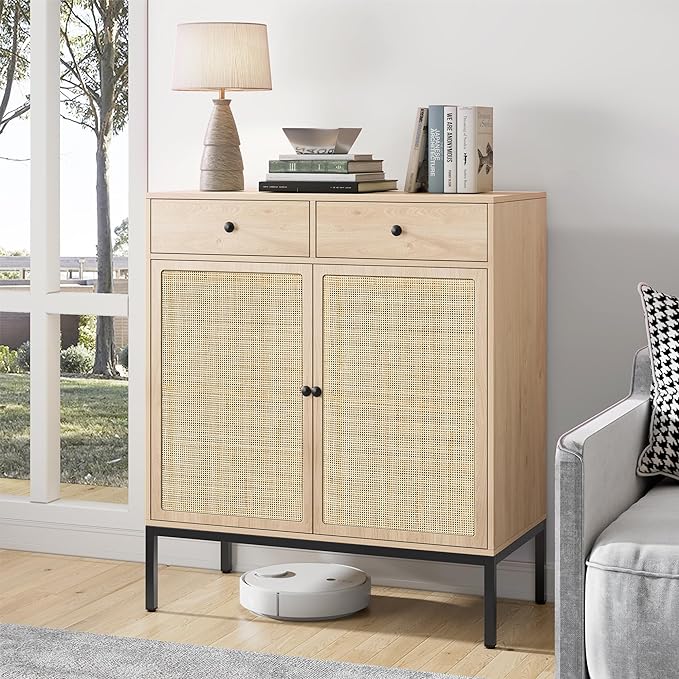 Brafab Rattan Cabinet Storage Sideboard Buffet Table Accent Console for Living Room Entryway Kitchen Dining Room 2 Drawers - LeafyLoom