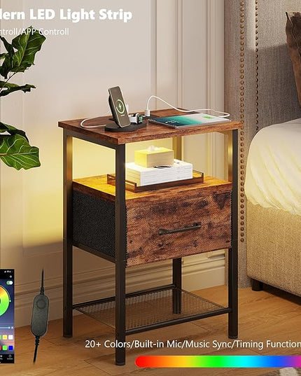 Night Stand, End Table with Charging Station, LED Bedside Table with Fabric Drawer for Bedroom, 3-Tier Side Table with Open Shelf, Rustic Brown - LeafyLoom