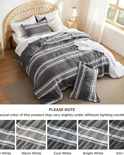 Bedsure Boho Comforter Set Queen - Dark Grey Jacquard Bedding Comforter Set, 3 Pieces Farmhouse Shabby Chic Embroidery Bed Set, Soft Fluffy Tufted Striped Comforter for All Seasons - LeafyLoom