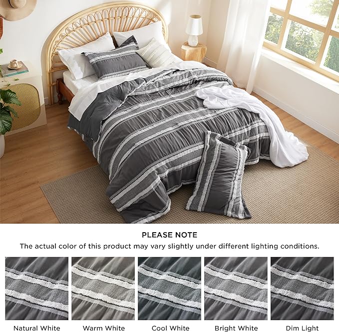 Bedsure Boho Comforter Set Queen - Dark Grey Jacquard Bedding Comforter Set, 3 Pieces Farmhouse Shabby Chic Embroidery Bed Set, Soft Fluffy Tufted Striped Comforter for All Seasons - LeafyLoom