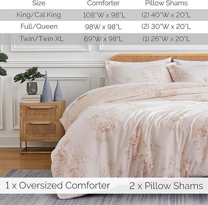 Southshore Fine Living, Inc. Twin Comforter Bedding Set, Down Alternative Floral Comforter with Matching Sham for Twin and Twin XL Beds, Reversible Print is 2 Colors in 1, Taupe & White - LeafyLoom