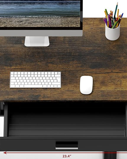 SHW Claire 40 Inch Height Adjustable Electric Standing Desk with Storage Space and Drawer, Rustic Brown - LeafyLoom