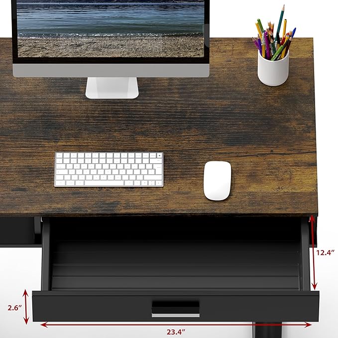 SHW Claire 40 Inch Height Adjustable Electric Standing Desk with Storage Space and Drawer, Rustic Brown - LeafyLoom