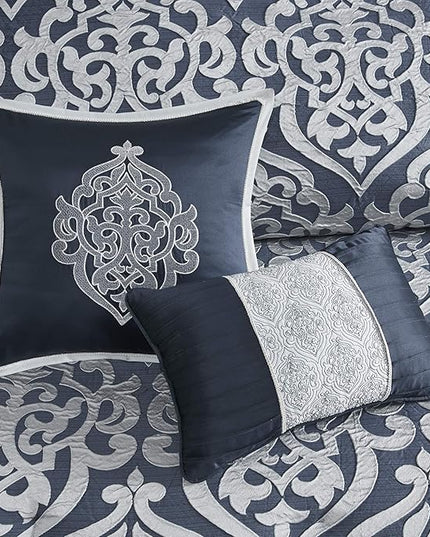 Madison Park Odette Cozy Comforter Set Jacquard Damask Medallion Design - Modern All Season, Down Alternative Bedding, Shams, Decorative Pillows, Cal King(104 in x 92 in), Navy 8 Piece - LeafyLoom