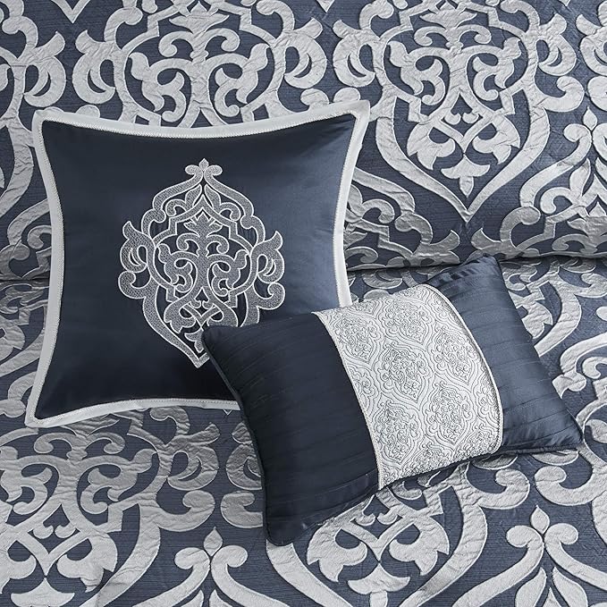 Madison Park Odette Cozy Comforter Set Jacquard Damask Medallion Design - Modern All Season, Down Alternative Bedding, Shams, Decorative Pillows, Cal King(104 in x 92 in), Navy 8 Piece - LeafyLoom