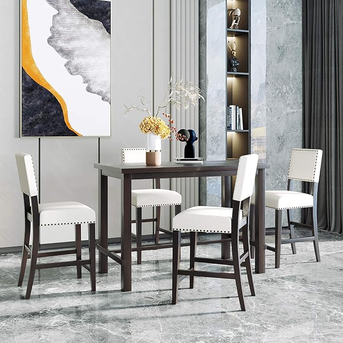 RITSU Elegant 5 Piece Counter Height Dining Table Set with 4 Upholstered Chairs w/Rivet Trim, Solid Wood Construction, Suitable for Living Room, Kitchen, Espresso and Beige, 52inch - LeafyLoom