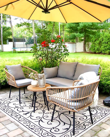 YITAHOME 4 Pieces Patio Furniture Set, Wicker Balcony Bistro Set, Outdoor All-Weather Rattan Conversation Set with Loveseat Chairs Table Soft Cushions for Backyard, Pool, Deck, Garden - Grey - LeafyLoom