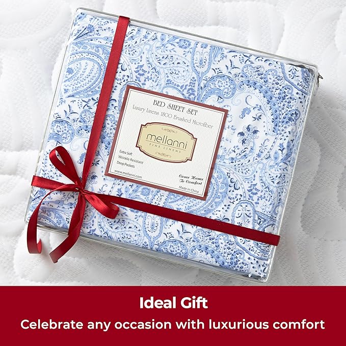 Mellanni Queen Sheets Set - 4 PC Iconic Collection Bedding Sheets & Pillowcases - Hotel Luxury, Extra Soft, Cooling Bed Sheets - Deep Pocket up to 16 inch (Queen, Paisley Blue) - LeafyLoom
