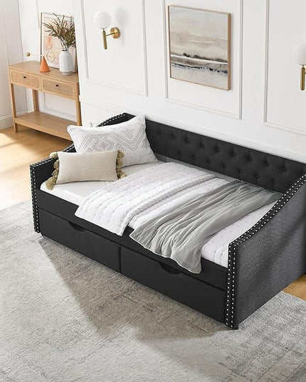Twin Size Mid-Century Daybed, 2 Storage Drawers,Linen Button Upholstered Tufted Bed, Copper Nail on Waved Shape Arms, No Box Spring Needed, for Bedroom, Livingroom, Black - LeafyLoom