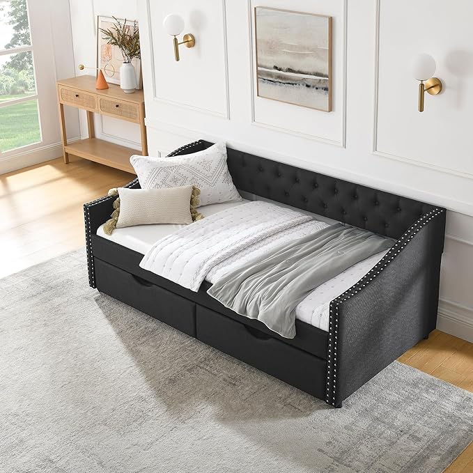 Twin Size Mid-Century Daybed, 2 Storage Drawers,Linen Button Upholstered Tufted Bed, Copper Nail on Waved Shape Arms, No Box Spring Needed, for Bedroom, Livingroom, Black - LeafyLoom