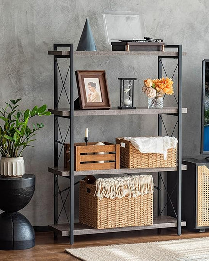 HCHQHS Bookshelf, 4-Tier Industrial Bookcase, Rustic Open Book Shelf, Freestanding Tall Bookshelves with Metal Frame - LeafyLoom