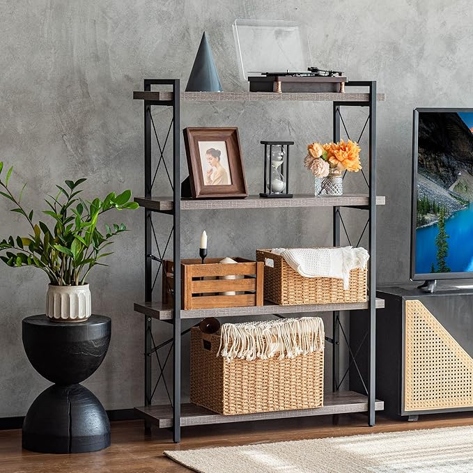 HCHQHS Bookshelf, 4-Tier Industrial Bookcase, Rustic Open Book Shelf, Freestanding Tall Bookshelves with Metal Frame - LeafyLoom