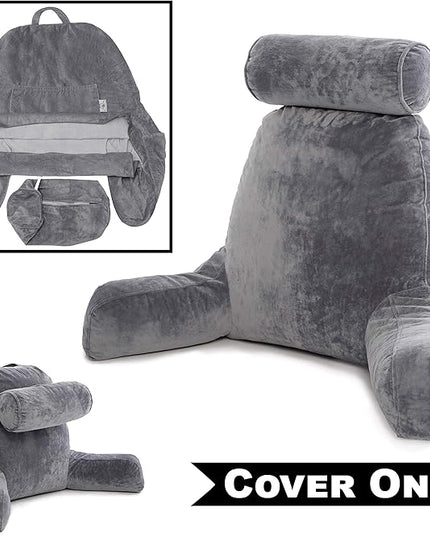 Husband Pillow XXL Cover Only Dark Grey, Cozy Microfiber Bed Rest Pillow Cover with Arms - Array of Colors - Generous Side and Back Pockets for Your Favorite Comfy Reading Pillow - LeafyLoom