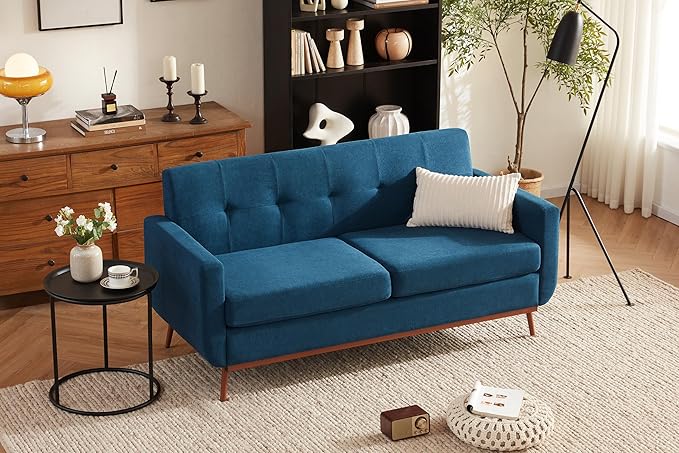 65" Loveseat Sofa, Mid Century Modern Love Seat Couches for Living Room, Comfy Upholstered Sofa Couch for Bedroom, Tufted Design 2 Seater Love Seat Sofa for Small Spaces (Linen-Blue) - LeafyLoom