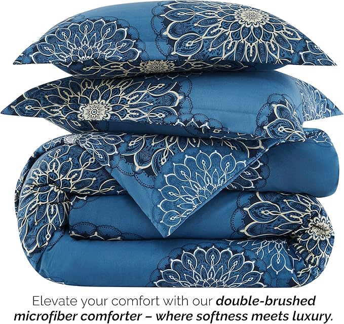 Southshore Fine Living, Inc. Oversized King Comforter Bedding Set, Down Alternative Boho Bedspread, Paisley Floral Comforter, King/California King with 2 Matching Shams, Midnight Floral Blue - LeafyLoom