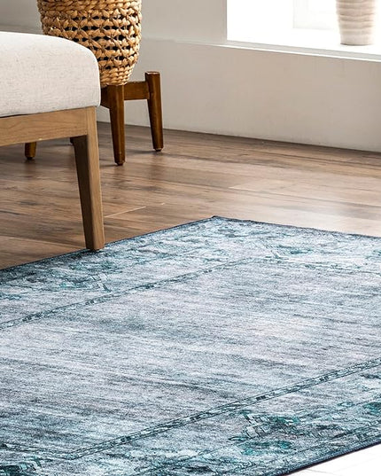 nuLOOM Eveline Distressed Persian Machine Washable Ultra Thin Area Rug, 4' x 6', Blue - LeafyLoom