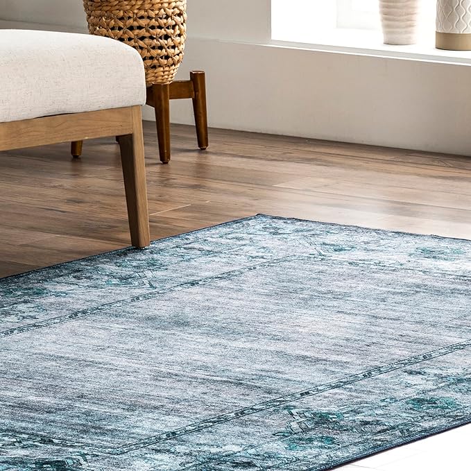nuLOOM Eveline Distressed Persian Machine Washable Ultra Thin Area Rug, 4' x 6', Blue - LeafyLoom