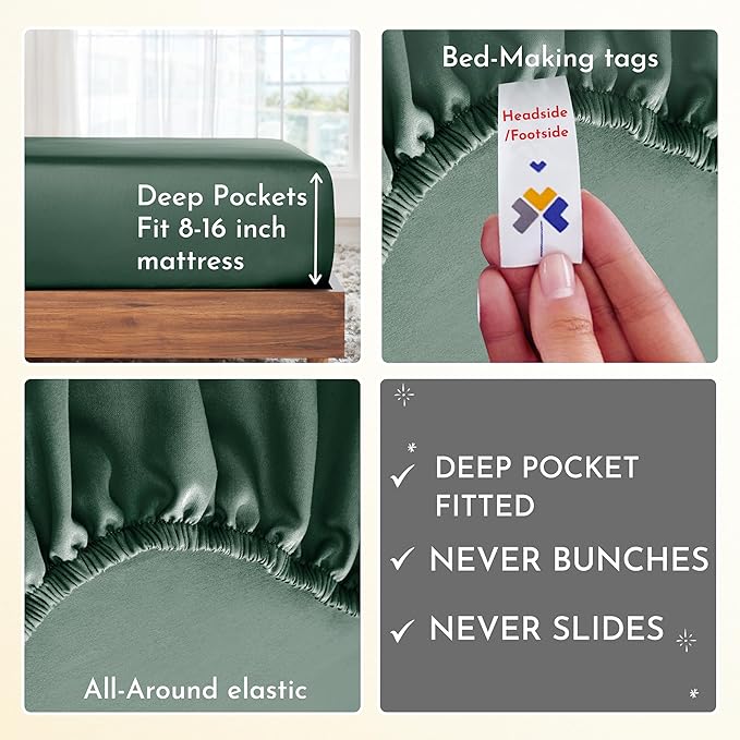 California Design Den Softest 100% Cotton Sheets, Full Size Sheet Sets, 4 Pc, 400 Thread Count Sateen Bedding, Deep Pocket Sheets, Cooling Sheets, Full Size Sheets, Breathable Bed Set (Hunter Green) - LeafyLoom