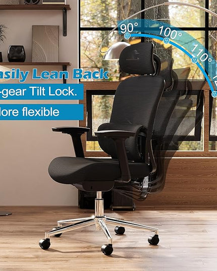 GABRYLLY Ergonomic Mesh Office Chair, Home Desk Chair with Adjustable Lumbar Support, 3D Armrest, Headrest, 4-Level Tilt Back, High Back Ergonomic Chairs with Wide Cushion Seat - LeafyLoom