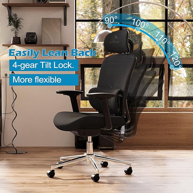 GABRYLLY Ergonomic Mesh Office Chair, Home Desk Chair with Adjustable Lumbar Support, 3D Armrest, Headrest, 4-Level Tilt Back, High Back Ergonomic Chairs with Wide Cushion Seat - LeafyLoom
