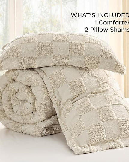 Bedsure King Size Comforter Set Beige, Boho Tufted Bedding Comforter Set, Checkered Farmhouse Shabby Chic Bed Set, 3 Pieces, 1 Plaid Geometric Comforter and 2 Pillow Shams - LeafyLoom