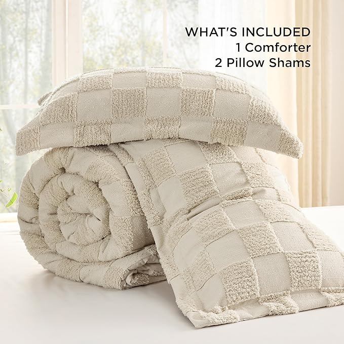 Bedsure Queen Size Comforter Set Beige, Boho Tufted Bedding Comforter Set, Checkered Farmhouse Shabby Chic Bed Set, 3 Pieces, 1 Plaid Geometric Comforter and 2 Pillow Shams - LeafyLoom