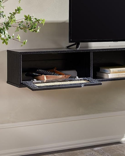 Walker Edison Modern Rattan Flip-Down-Door Wall-Mounted Floating Stand for TVs up to 65 Inche, 58 Inch, Black - LeafyLoom