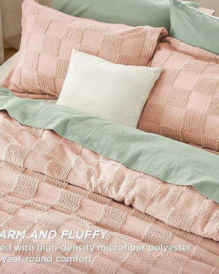 Bedsure Twin/Twin XL Comforter Set Beige, Boho Tufted Bedding Comforter Set, Checkered Farmhouse Shabby Chic Bed Set, 2 Pieces, 1 Plaid Geometric Comforter and 1 Pillow Sham - LeafyLoom