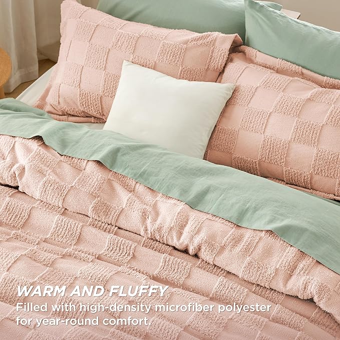 Bedsure Twin/Twin XL Comforter Set Beige, Boho Tufted Bedding Comforter Set, Checkered Farmhouse Shabby Chic Bed Set, 2 Pieces, 1 Plaid Geometric Comforter and 1 Pillow Sham - LeafyLoom