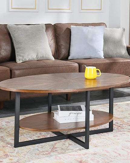 Solid Wood Oval Coffee Table with Cross Metal Legs, 43.3in Modern Industrail Center Table with Open Shelf Cocktail Tea Table for Living Room Bedroom, Rustic Brown 1811NC - LeafyLoom
